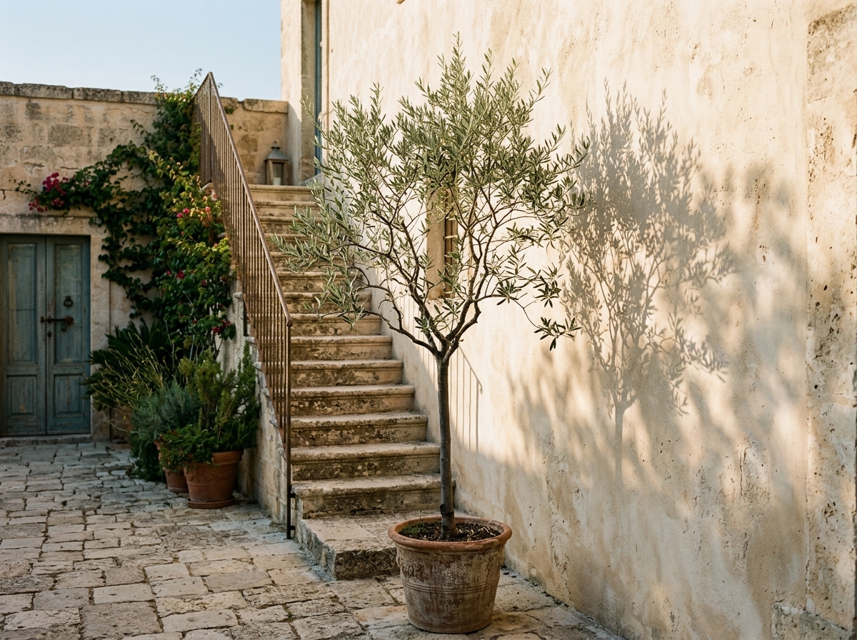 Slender olive tree and organic leaf shadows against sunlit limestone plaster wall