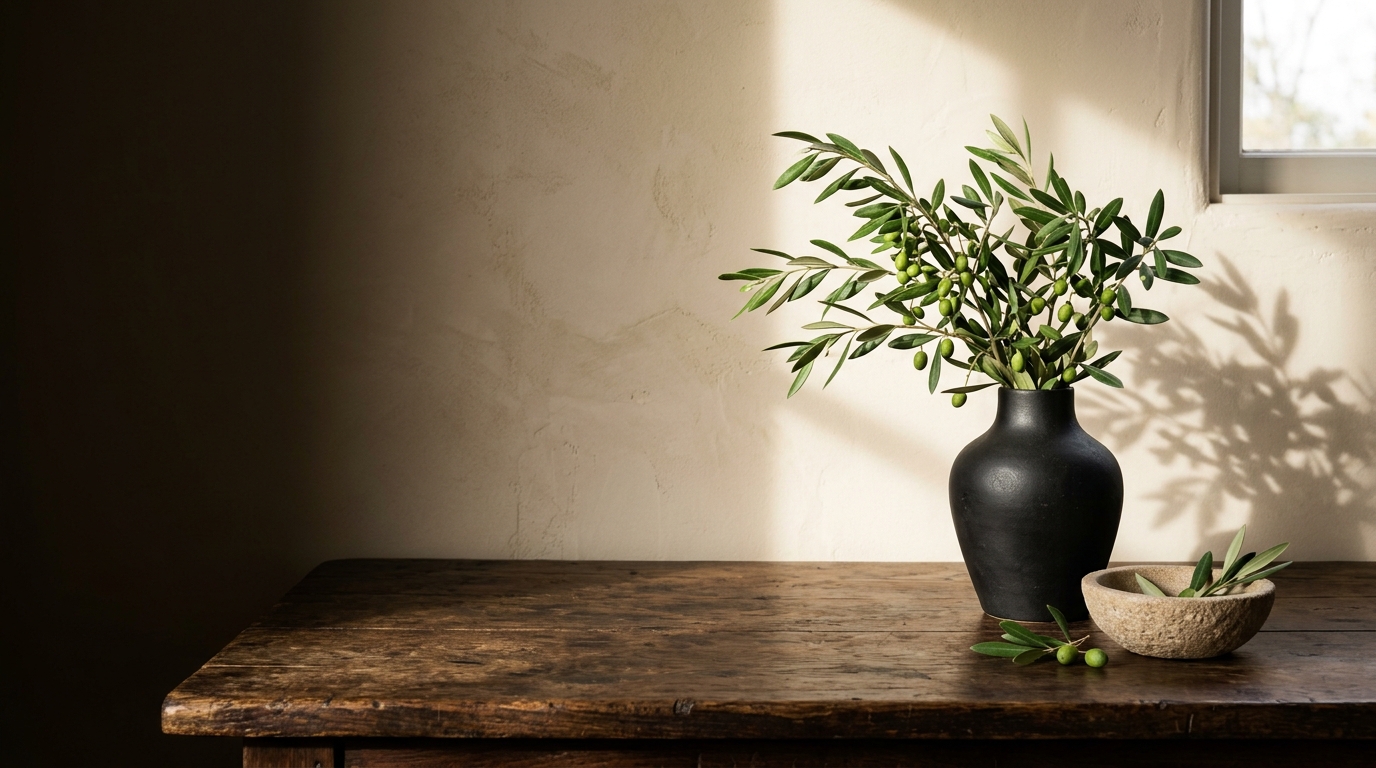 Tactile still life with black ceramic vase, fresh olive branch, textured stone bowl and natural shadows on aged wood